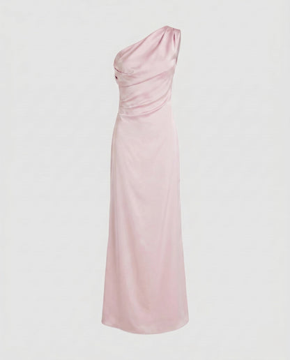 Ladies Elegant Maxi Dress with Asymmetrical Strap and Flowing Satin Finish - Pink colorway