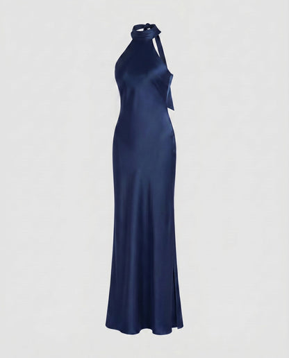 Ladies Elegant Maxi Dress with High Neck Top and Slim Fit - Dark Blue colorway