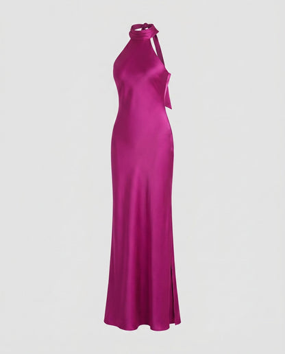 Ladies Elegant Maxi Dress with High Neck Top and Slim Fit - Fuchsia colorway