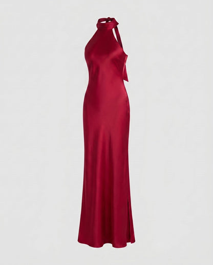 Ladies Elegant Maxi Dress with High Neck Top and Slim Fit - Red colorway