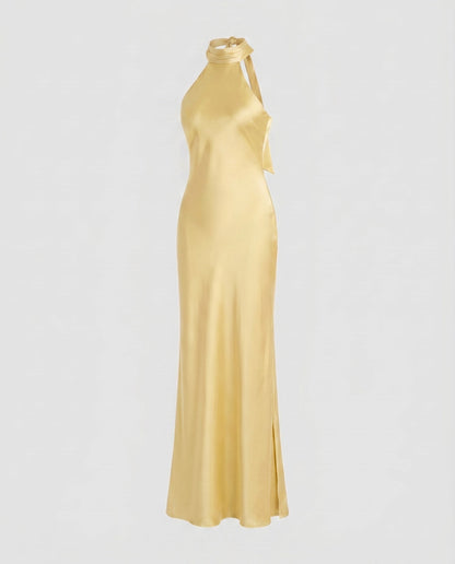 Ladies Elegant Maxi Dress with High Neck Top and Slim Fit - Yellow colorway