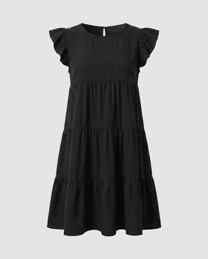 Ladies Flowing Casual Dress with Ruffles - Black colorway