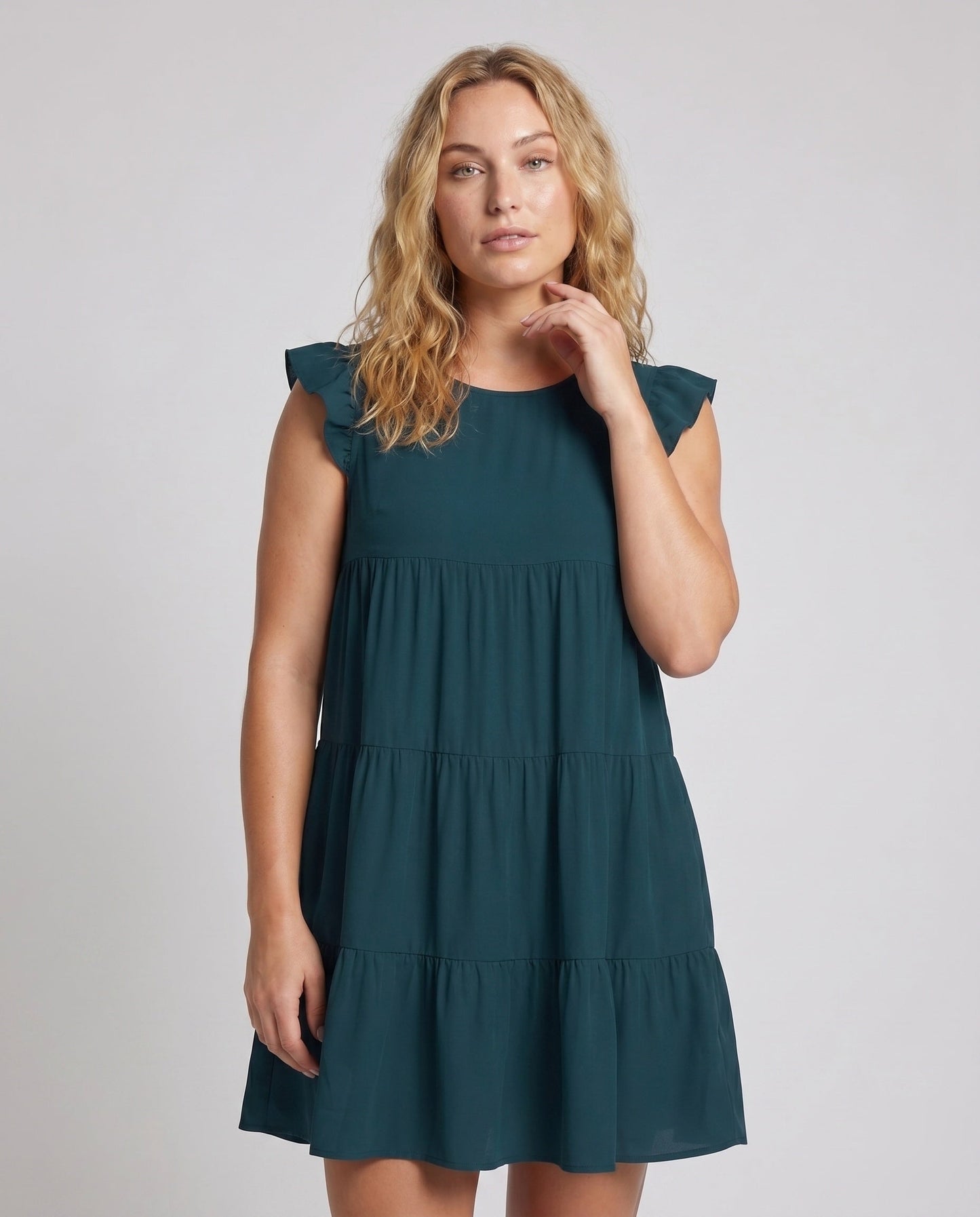 Ladies Flowing Casual Dress with Ruffles - upper body detail