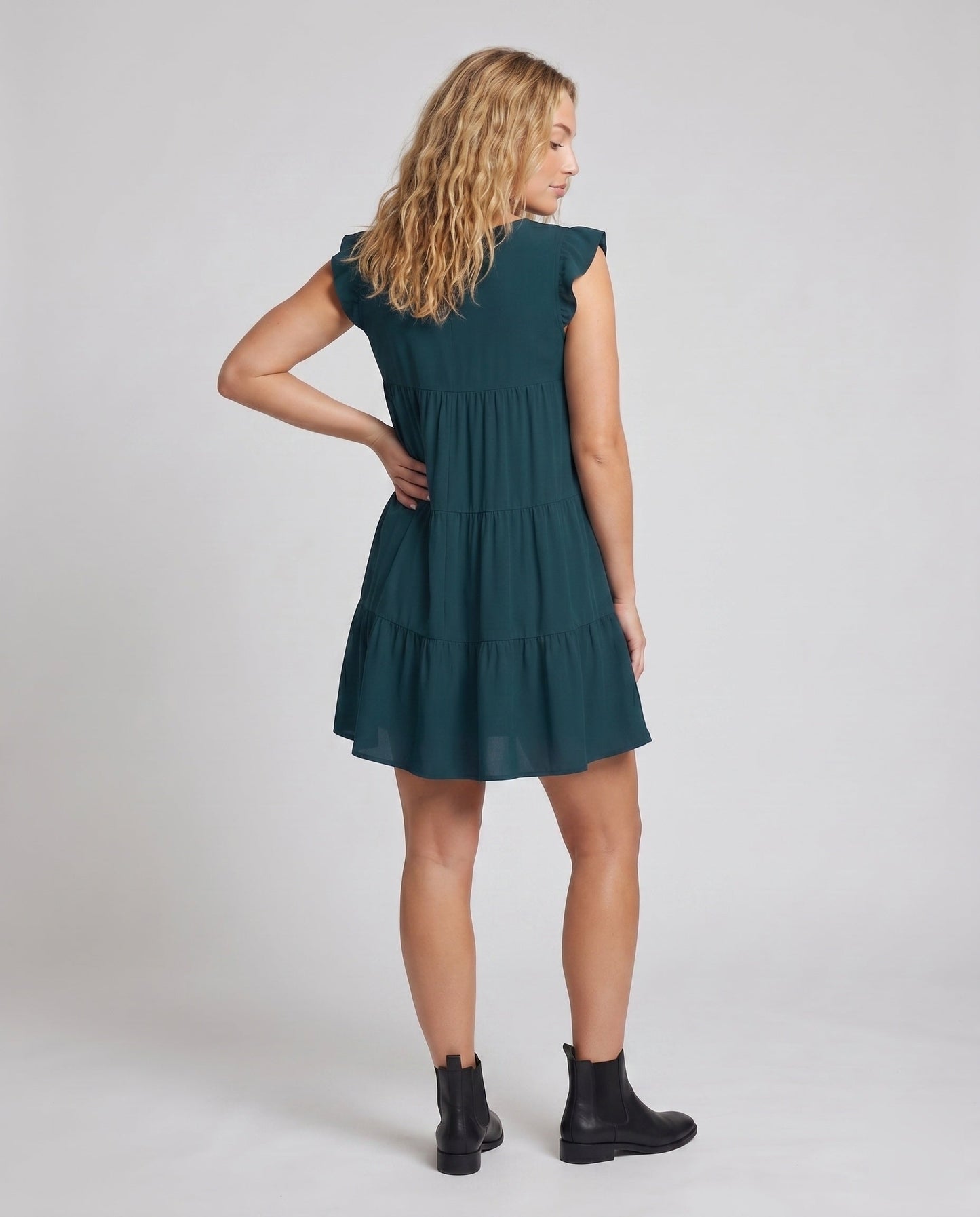 Ladies Flowing Casual Dress with Ruffles - back view