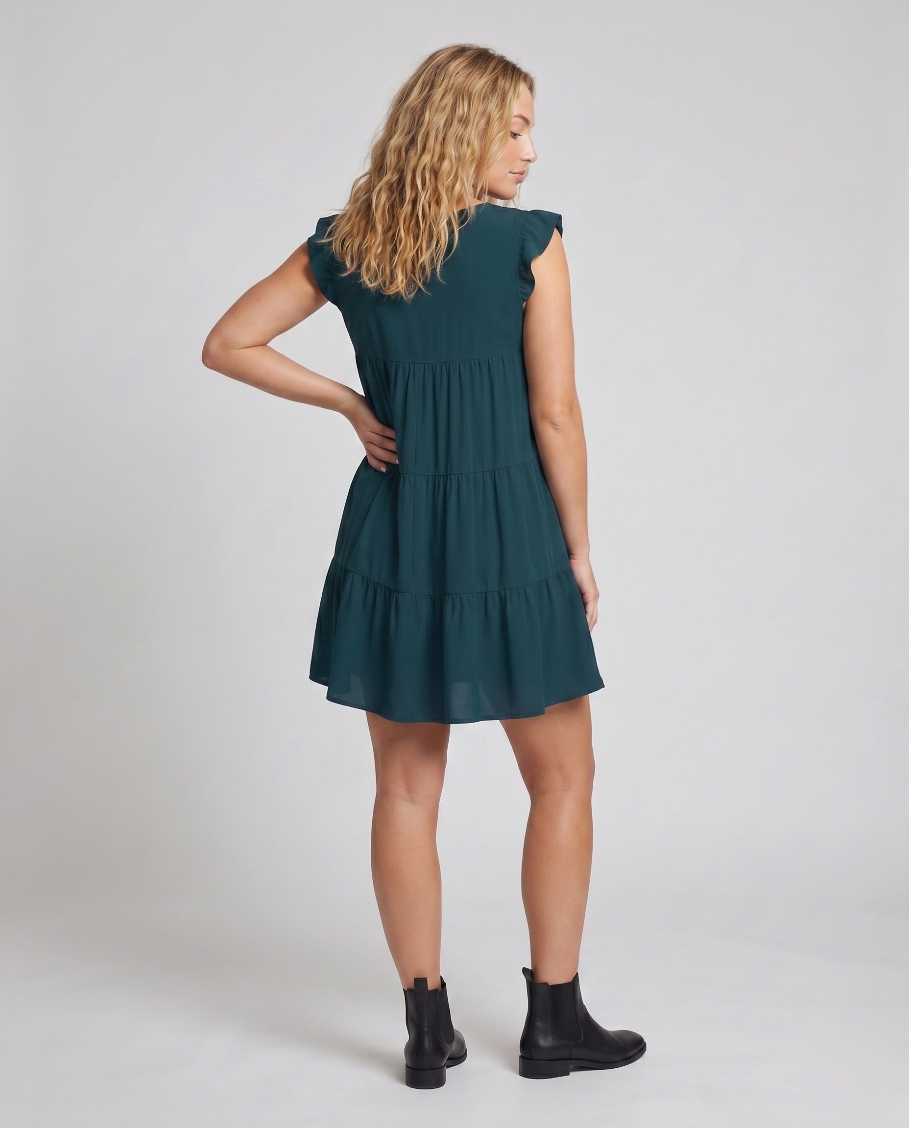 Ladies Flowing Casual Dress with Ruffles - back view