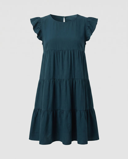 Ladies Flowing Casual Dress with Ruffles - Dark Blue colorway