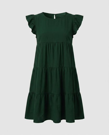 Ladies Flowing Casual Dress with Ruffles - Dark Green colorway