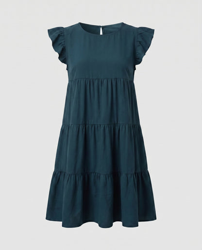 Ladies Flowing Casual Dress with Ruffles - Aubergine colorway