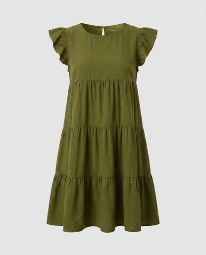 Ladies Flowing Casual Dress with Ruffles - Olive Green colorway