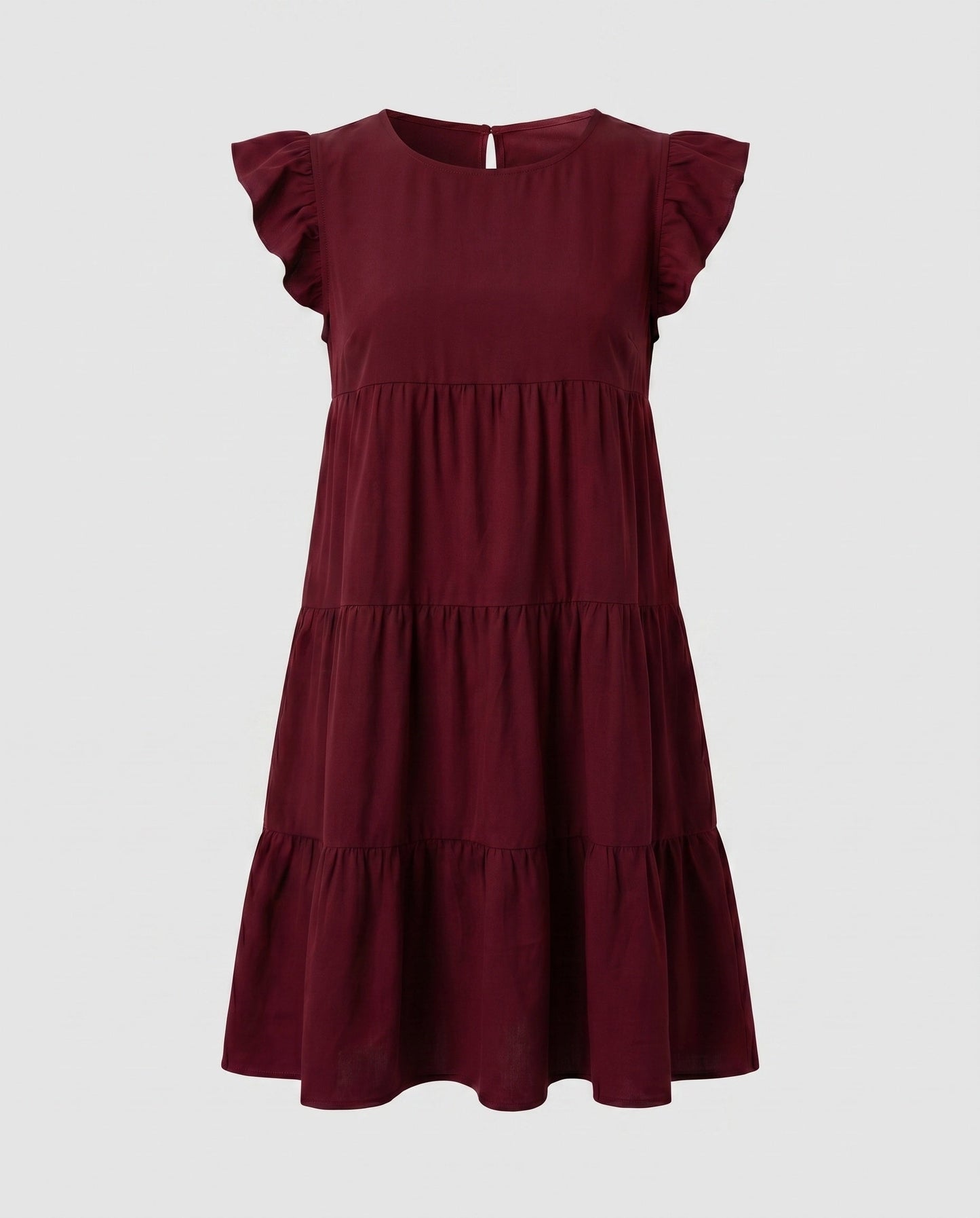Ladies Flowing Casual Dress with Ruffles - Wine Red colorway