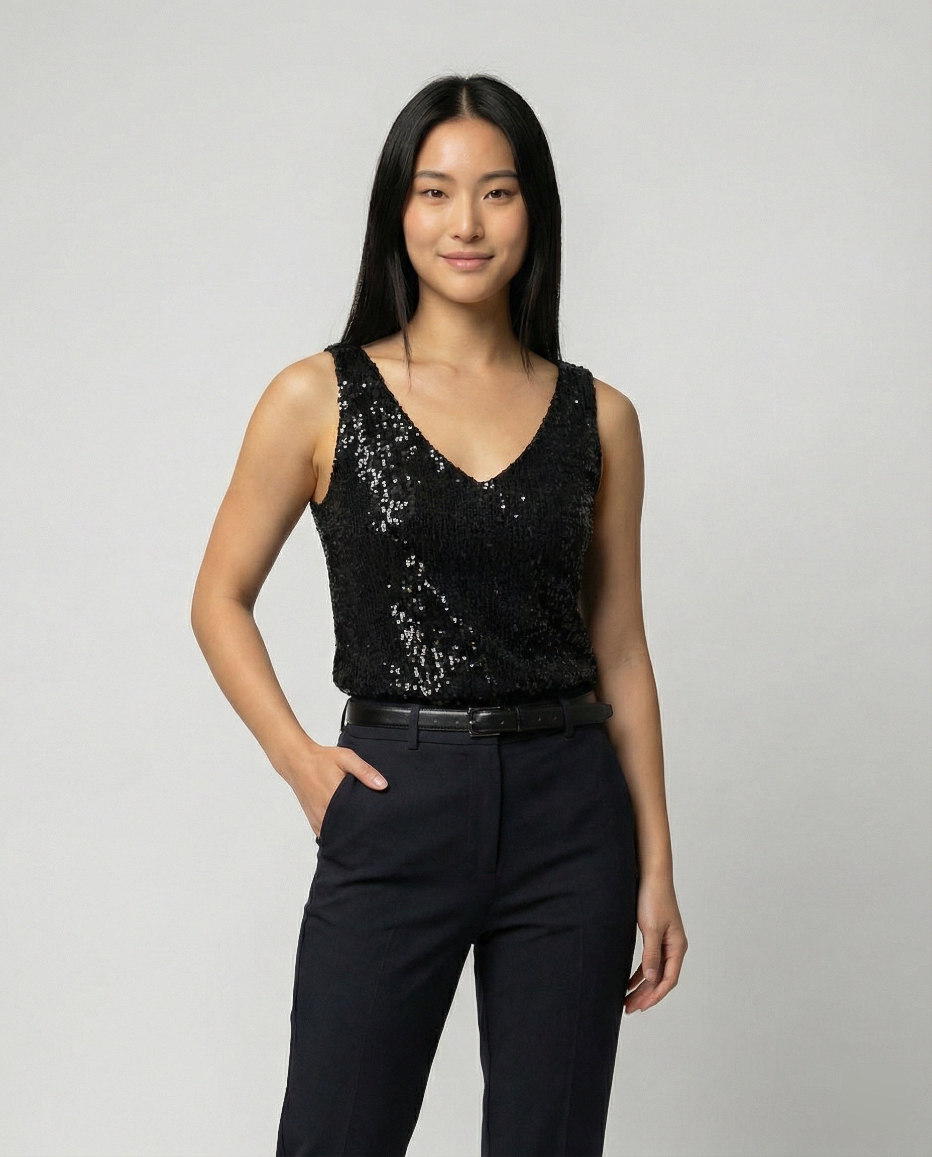 Ladies Glittering Top with V-Neck and Sparkling Sequin Trim - upper body detail