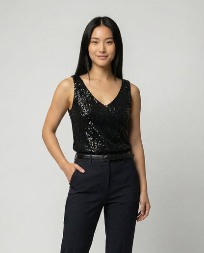 Ladies Glittering Top with V-Neck and Sparkling Sequin Trim - upper body detail