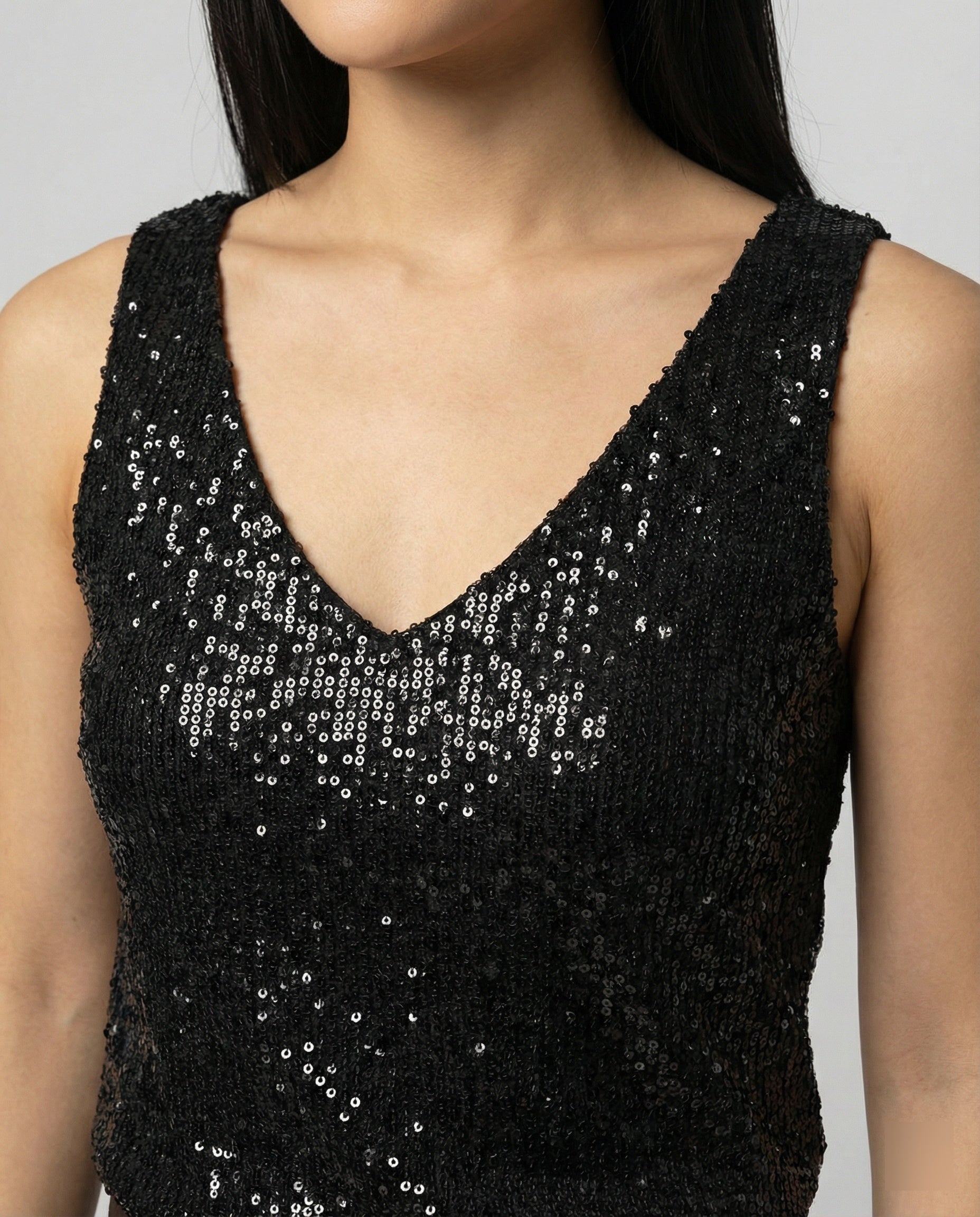 Ladies Glittering Top with V-Neck and Sparkling Sequin Trim - close-up detail