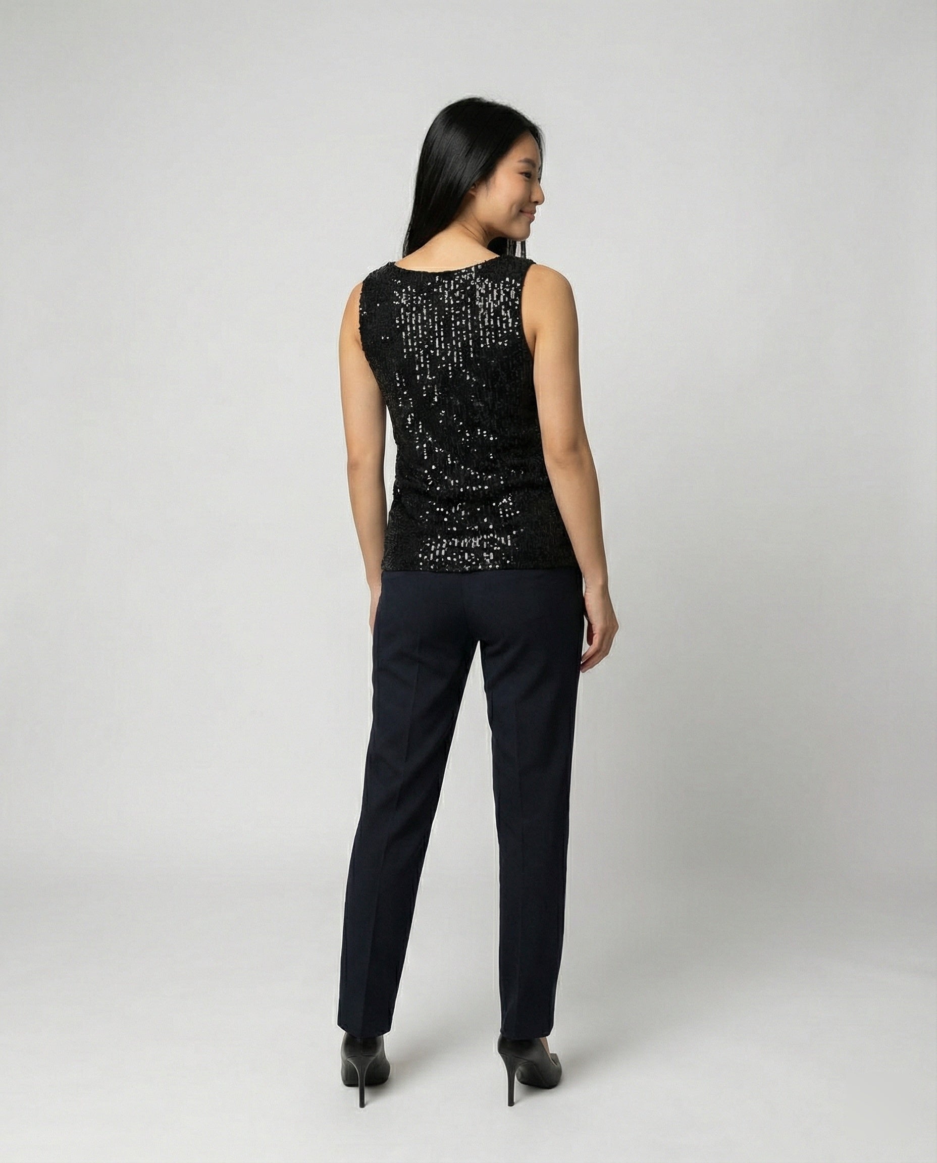 Ladies Glittering Top with V-Neck and Sparkling Sequin Trim - back view