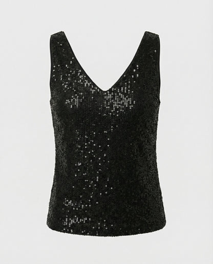 Ladies Glittering Top with V-Neck and Sparkling Sequin Trim - product photo