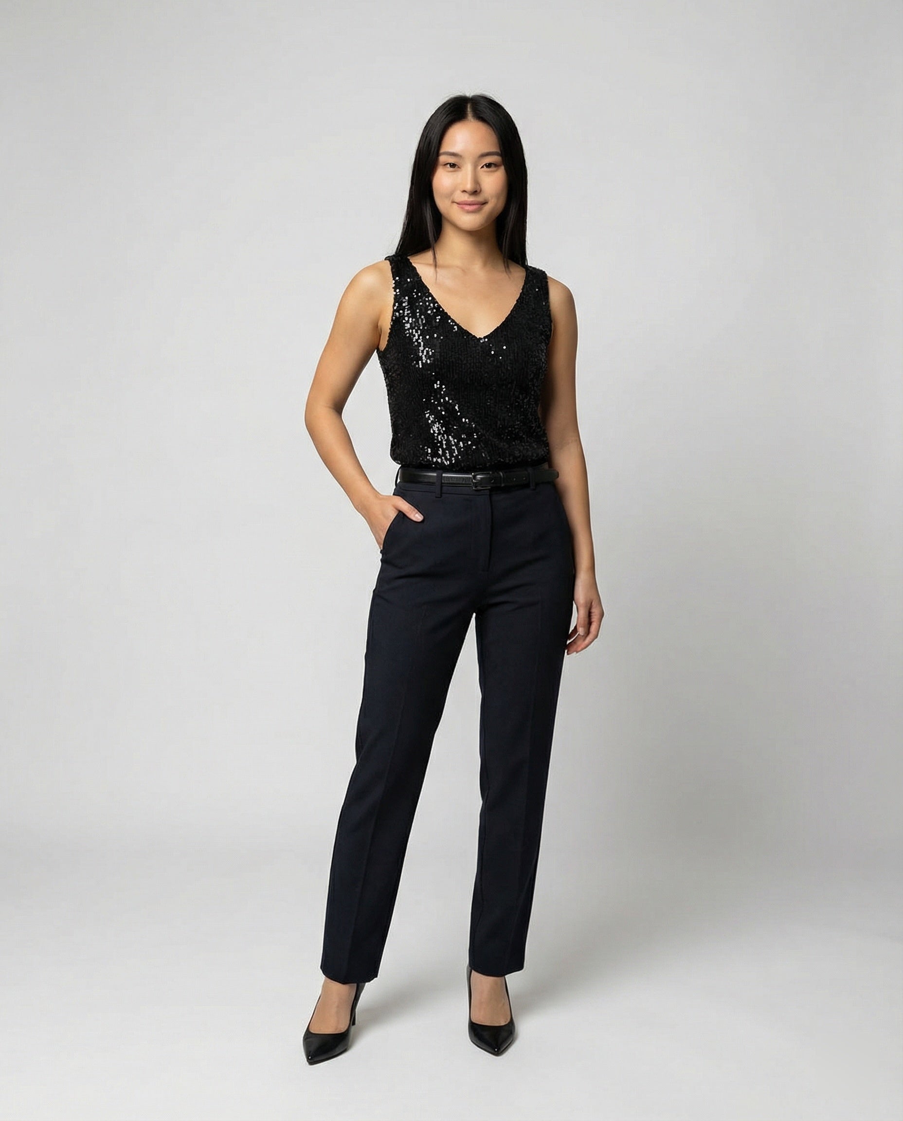 Ladies Glittering Top with V-Neck and Sparkling Sequin Trim - front view