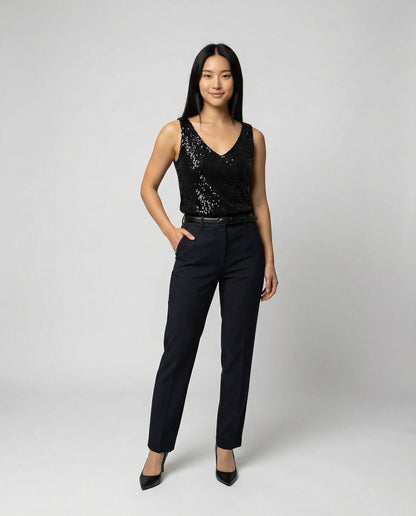 Ladies Glittering Top with V-Neck and Sparkling Sequin Trim - front view