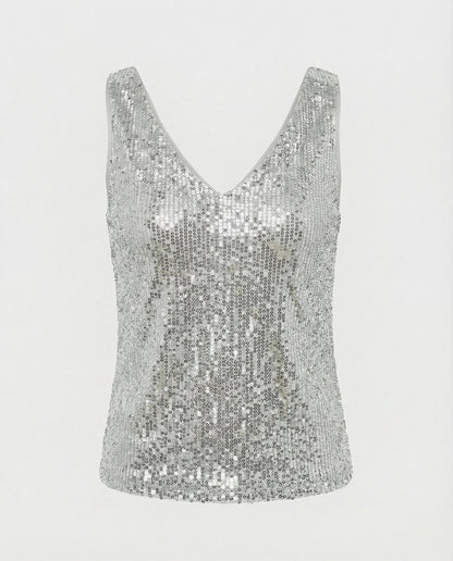 Ladies Glittering Top with V-Neck and Sparkling Sequin Trim - product photo