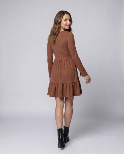 Ladies knit dress with figure-flattering design and ruffle hem - Chichicherry