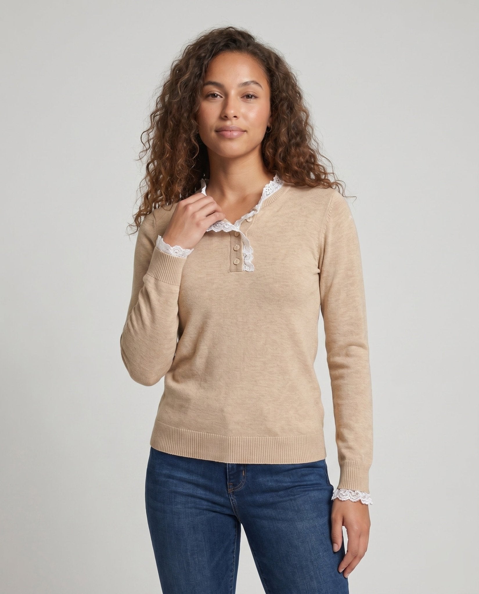 Ladies knit sweater with elegant lace embellishment - Chichicherry
