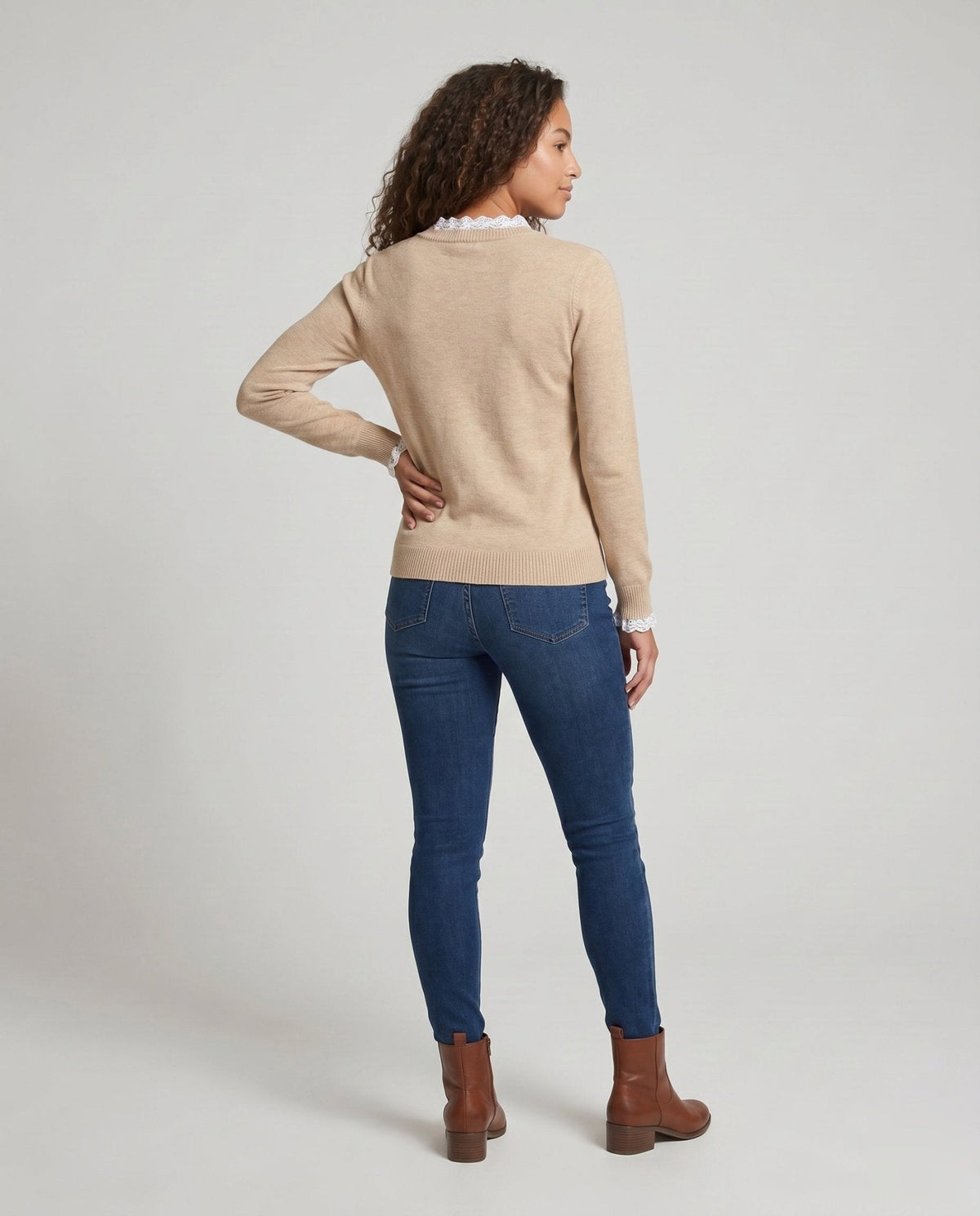 Ladies knit sweater with elegant lace embellishment - Chichicherry