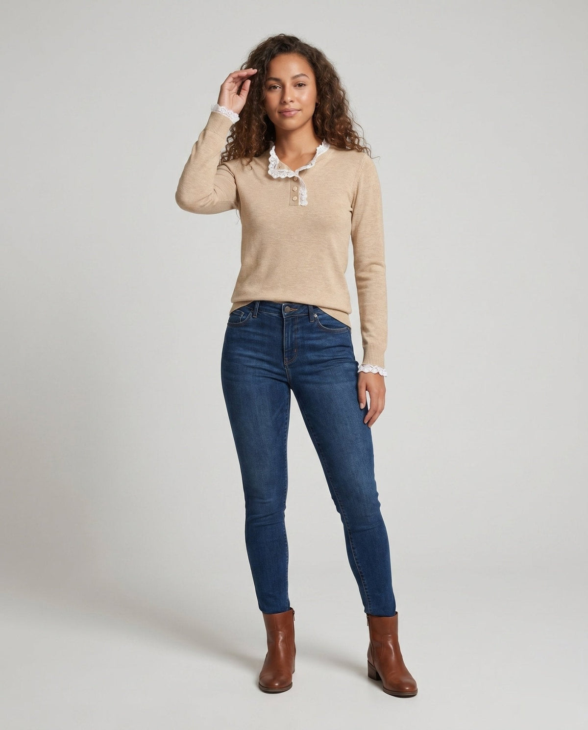 Ladies knit sweater with elegant lace embellishment - Chichicherry