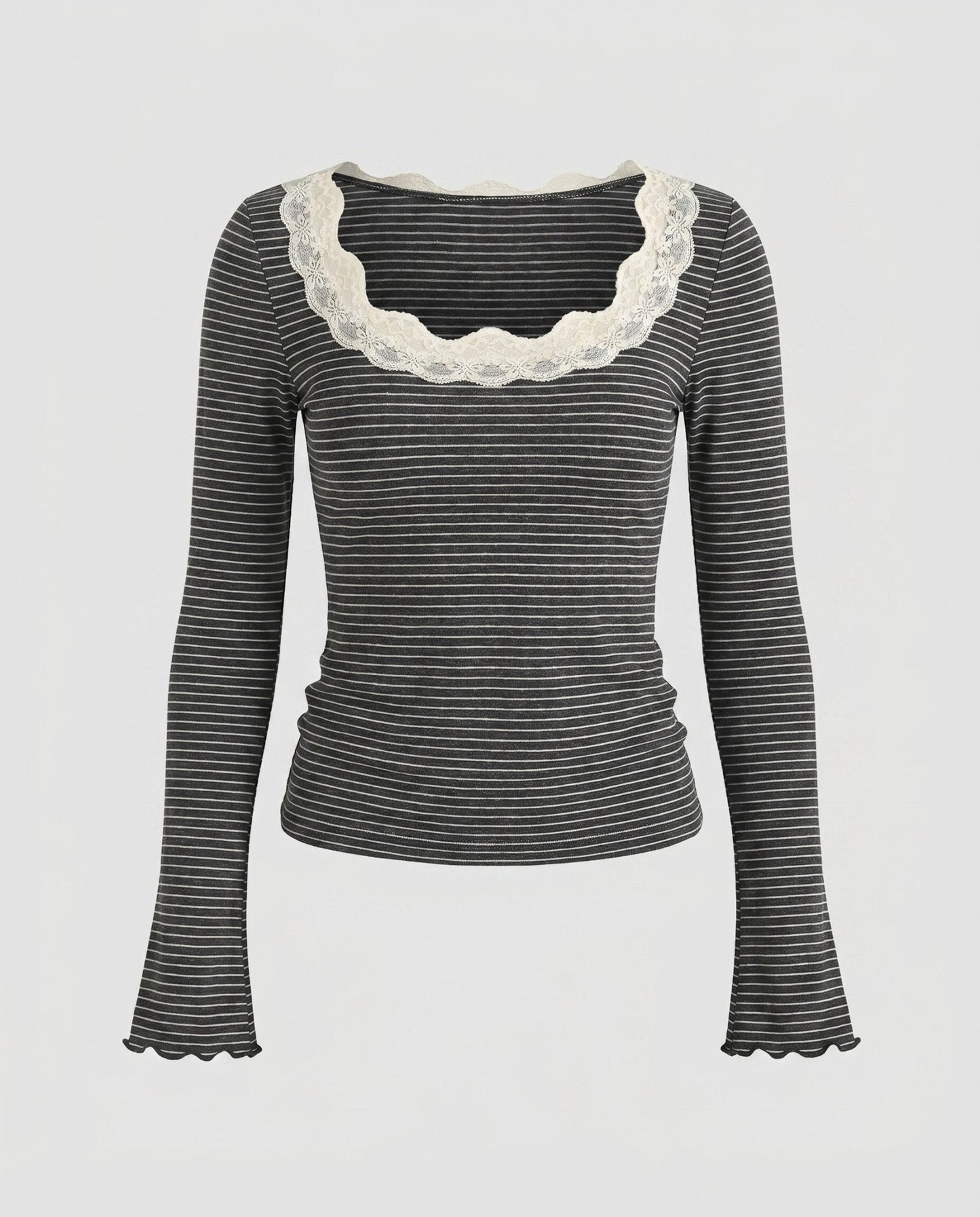 Ladies long sleeve shirt with elegant lace collar and striped design - Chichicherry