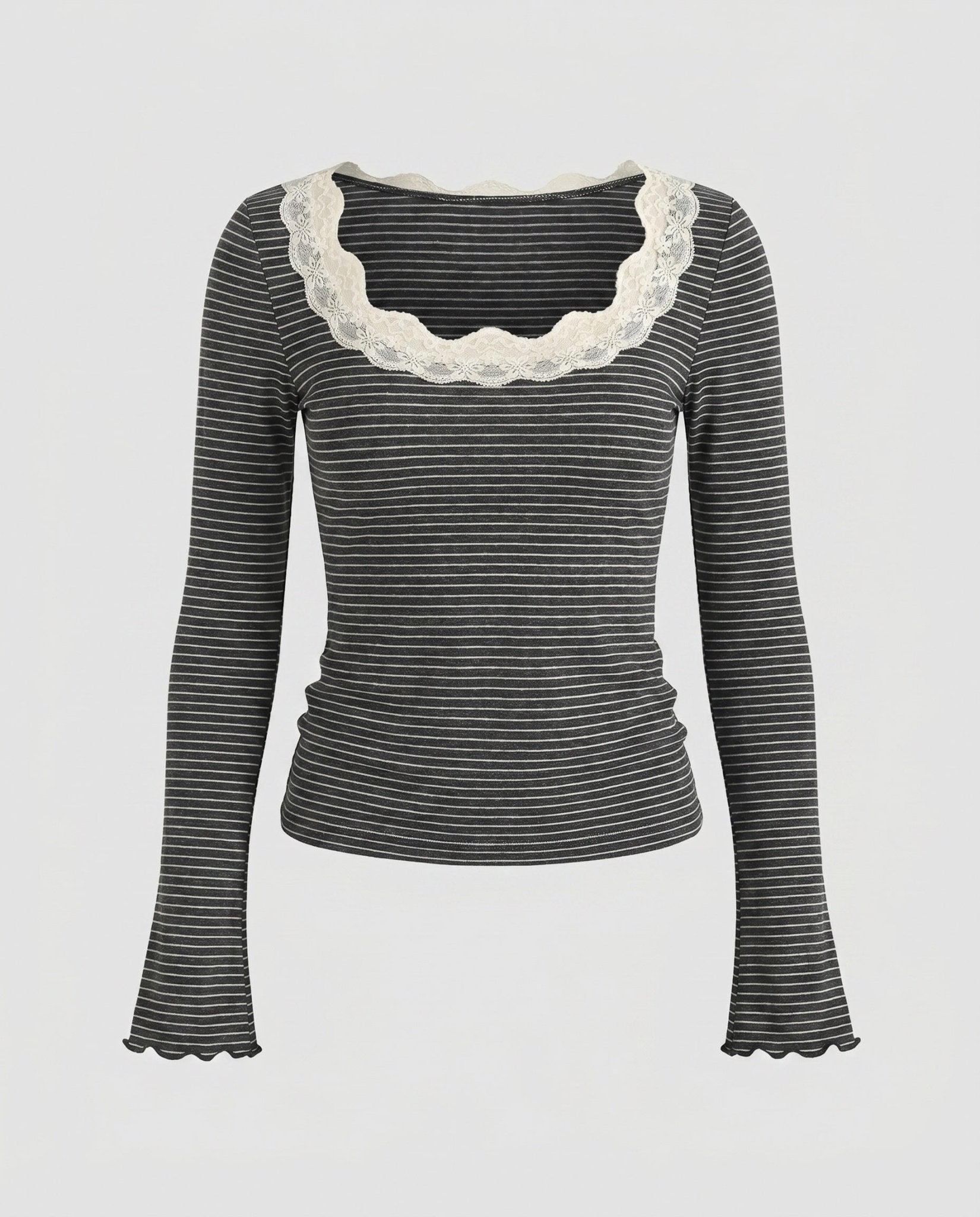 Ladies long sleeve shirt with elegant lace collar and striped design - Chichicherry