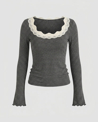 Ladies long sleeve shirt with elegant lace collar and striped design - Chichicherry