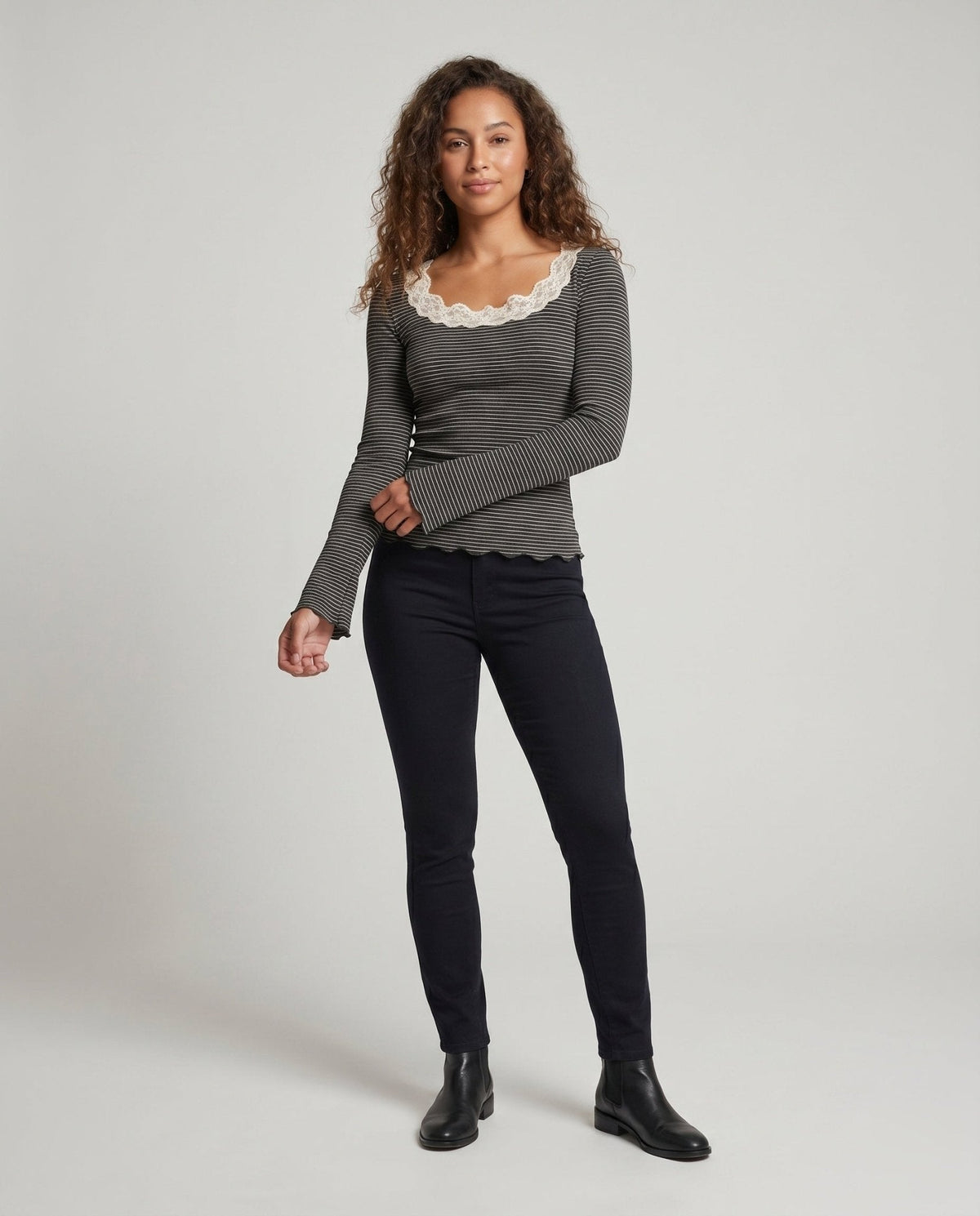 Ladies long sleeve shirt with elegant lace collar and striped design - Chichicherry