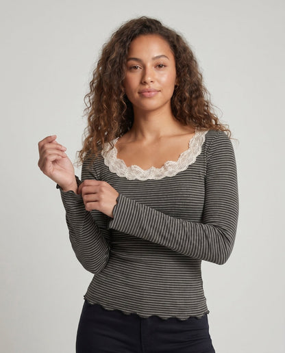 Ladies long sleeve shirt with elegant lace collar and striped design - Chichicherry