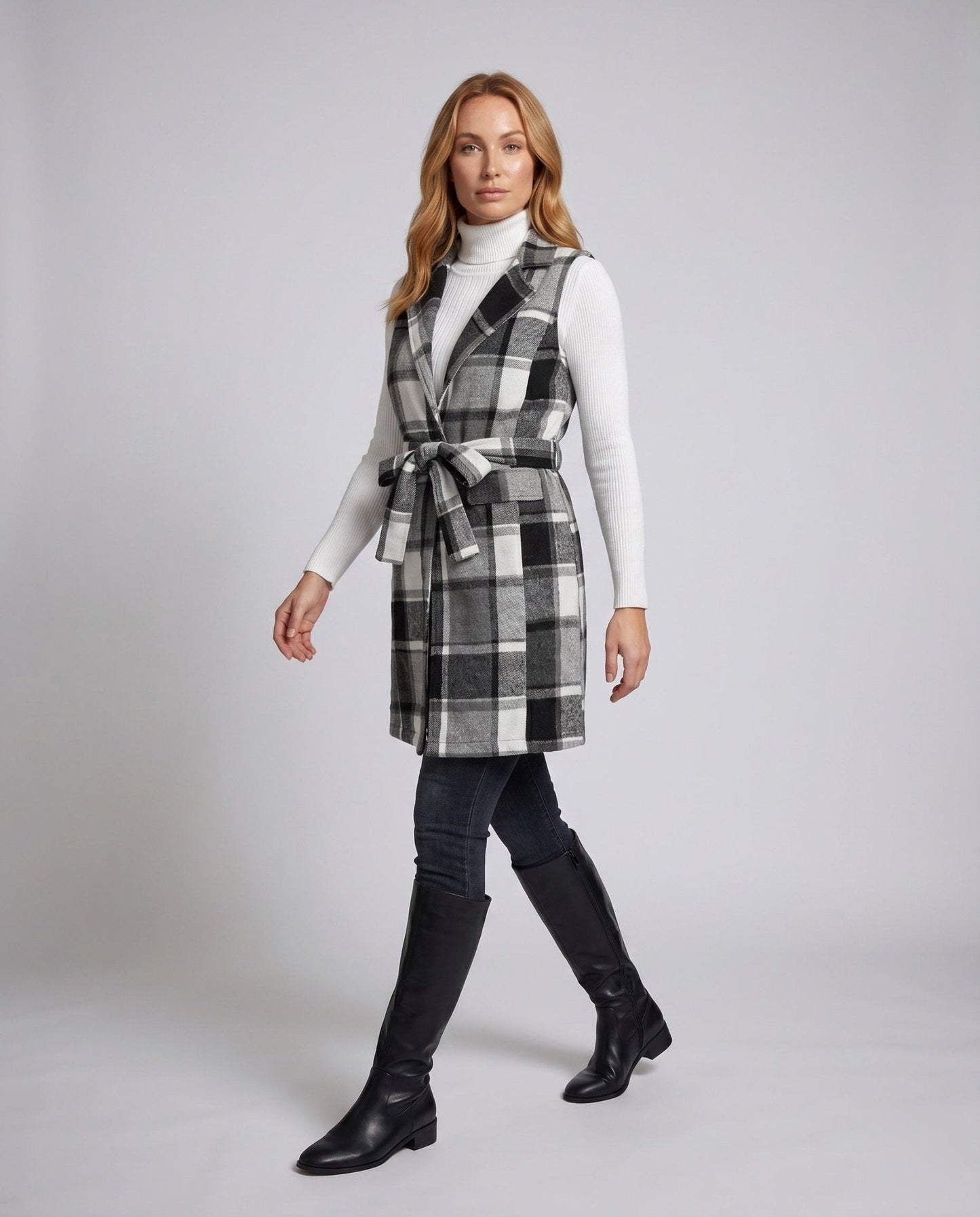 Ladies Long Sleeve Vest in Check Design - Chichicherry
