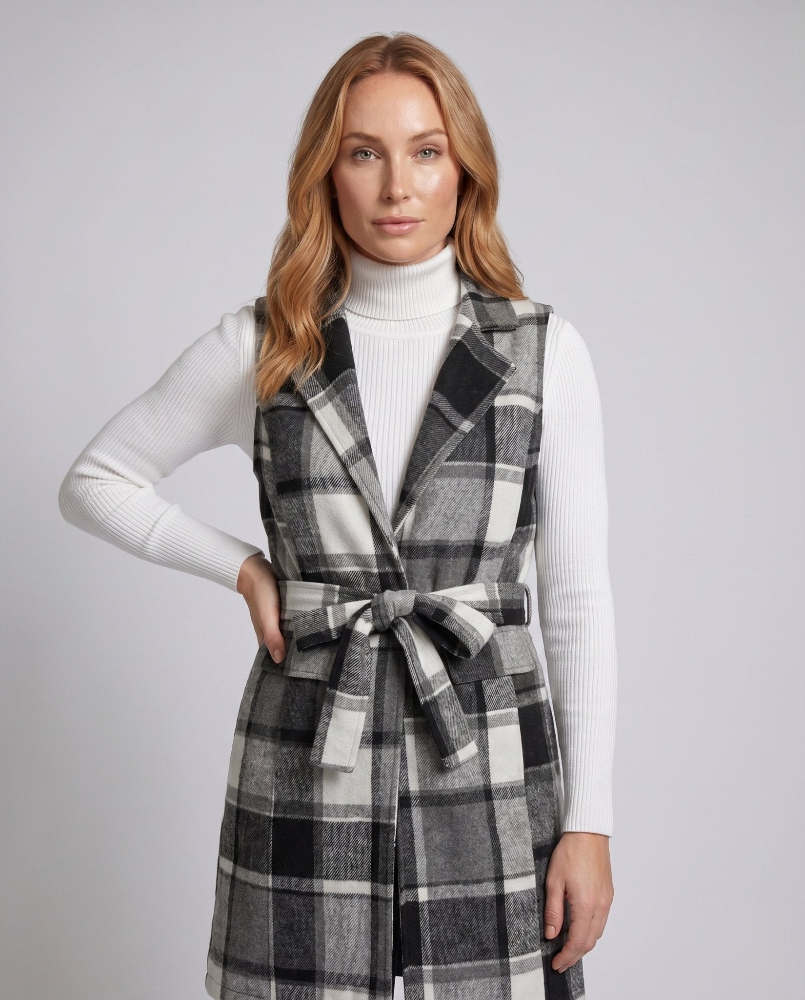 Ladies Long Sleeve Vest in Check Design - Chichicherry
