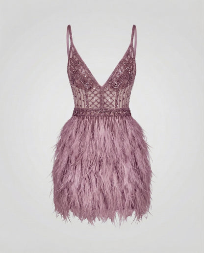 Ladies Mini Feather Dress V-Neck Grid Look - Multicolor colorway