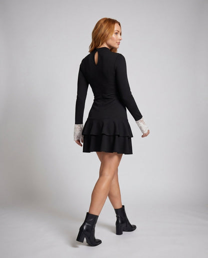 Ladies minidress with elegant lace sleeves and ruffles - Chichicherry