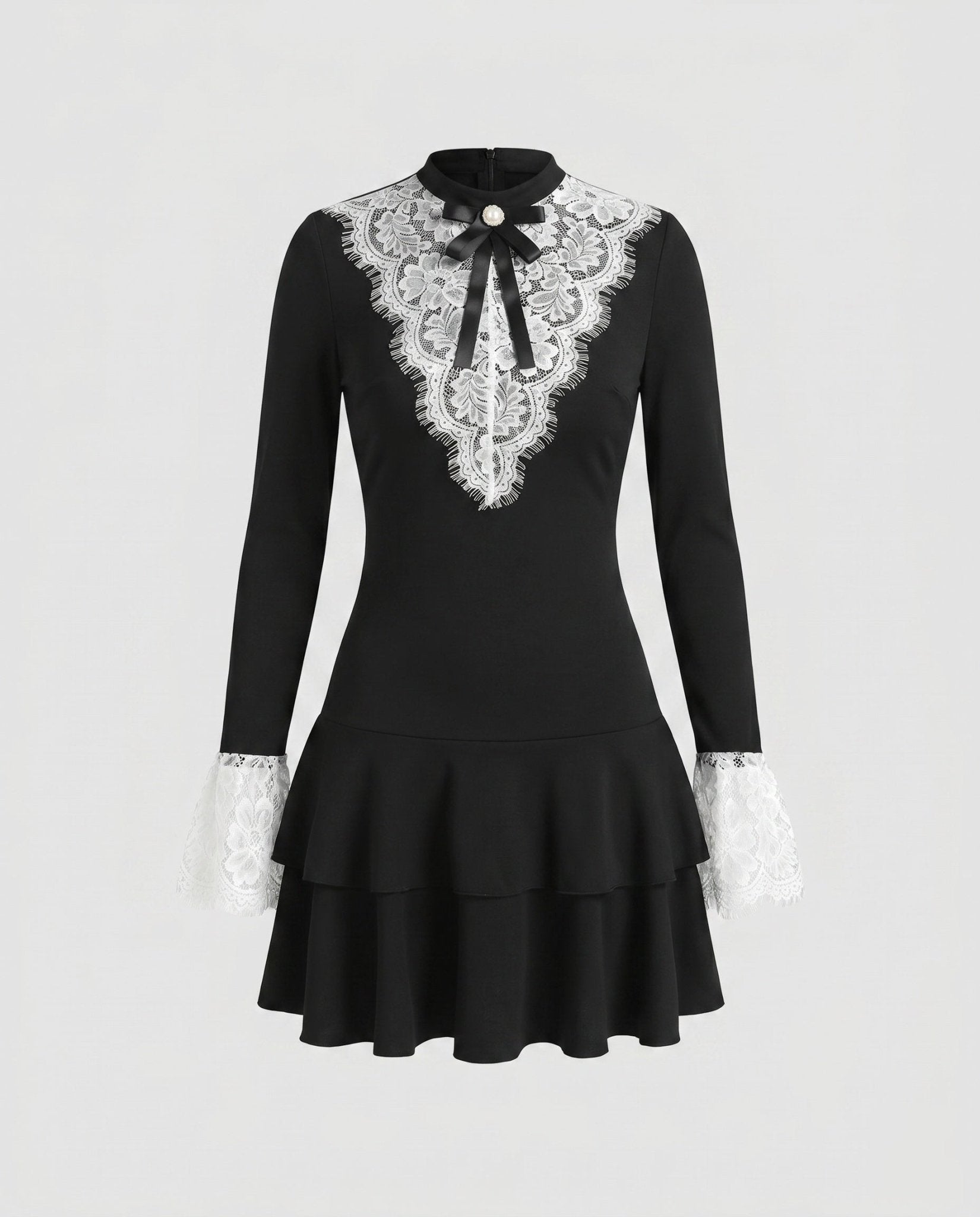 Ladies minidress with elegant lace sleeves and ruffles - Chichicherry