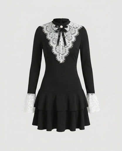 Ladies minidress with elegant lace sleeves and ruffles - Chichicherry