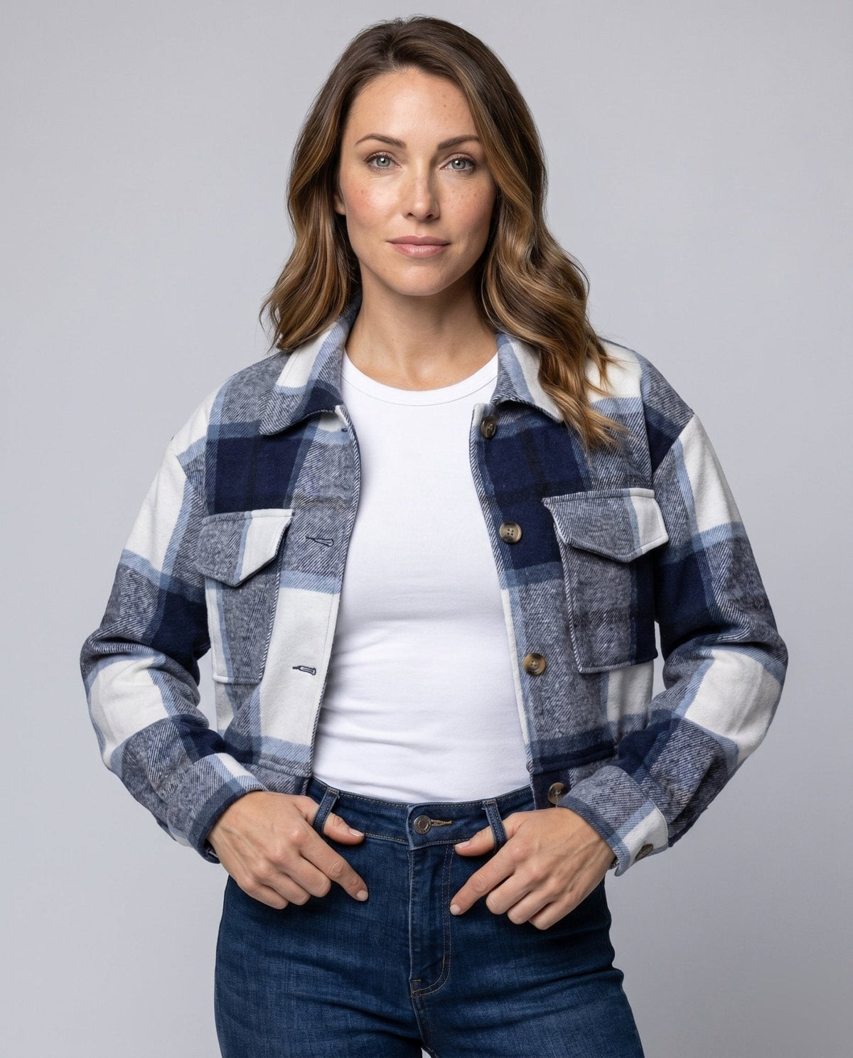 Ladies plaid flannel jacket with stylish button closure - Chichicherry