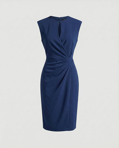 Ladies Tailored Sheath Dress with Keyhole Neckline - Dark Blue colorway