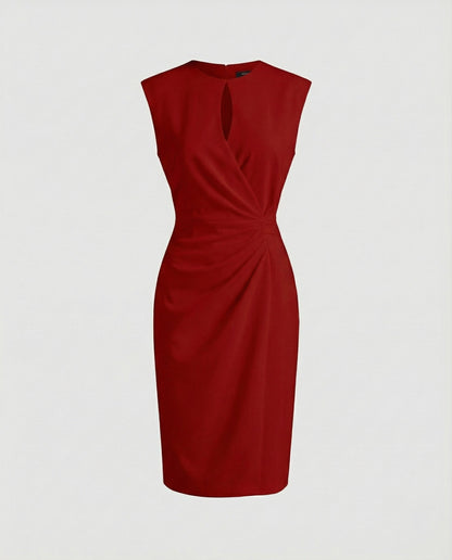 Ladies Tailored Sheath Dress with Keyhole Neckline - Red colorway