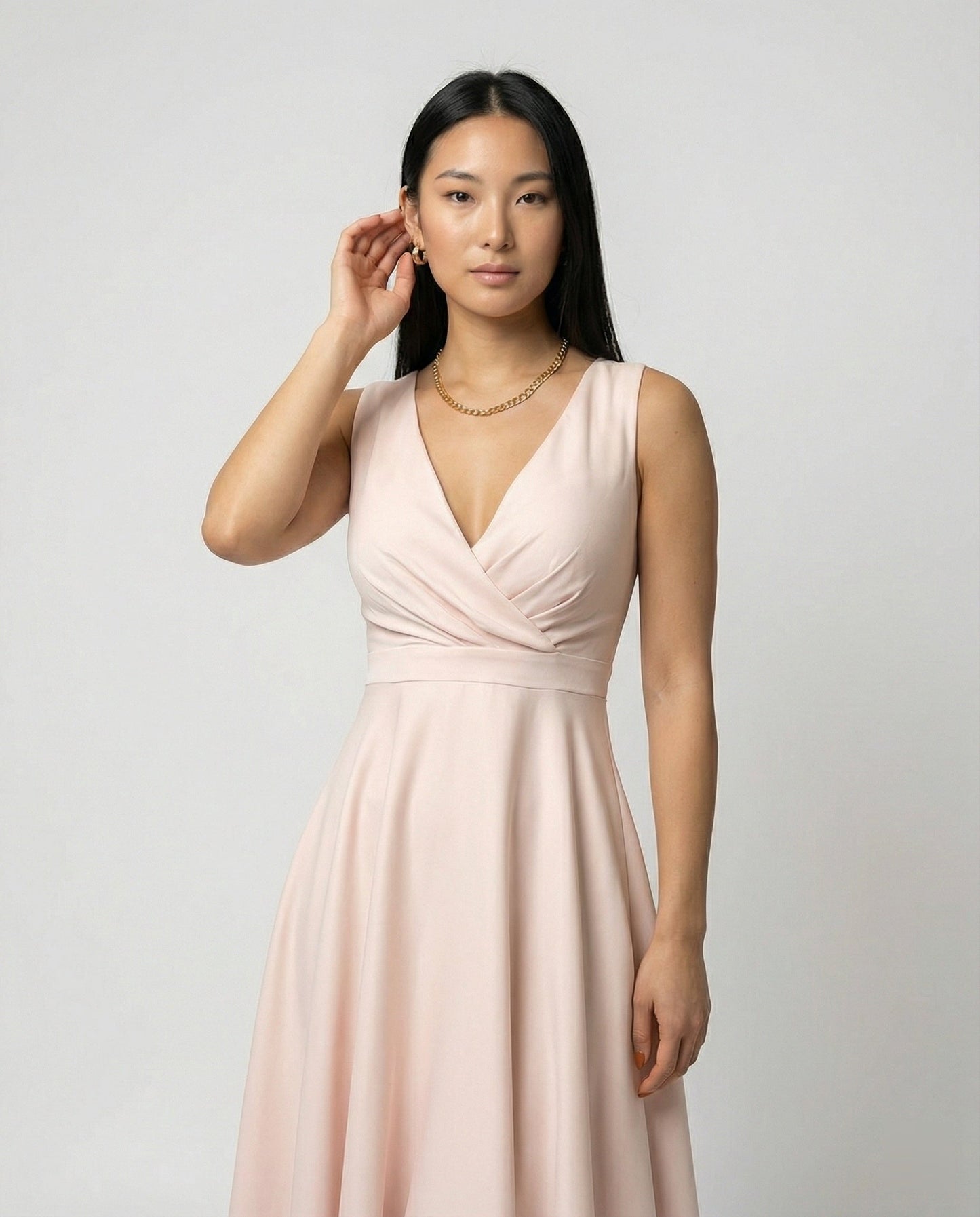Midi Dress in A-line, Zipper, Straps, V-neck, Sleeveless, Elegant, for Women, Cocktail Party - upper body detail
