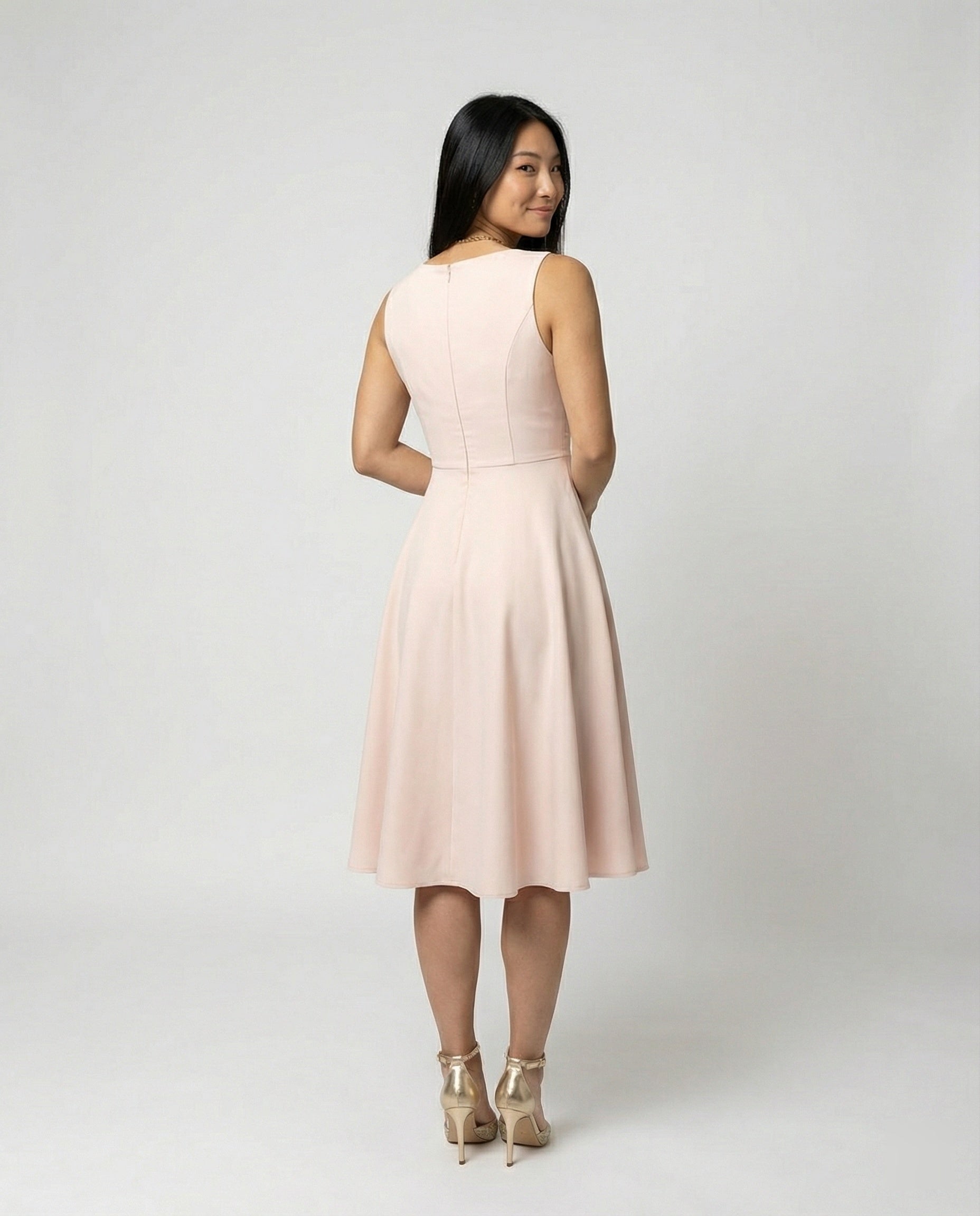 Midi Dress in A-line, Zipper, Straps, V-neck, Sleeveless, Elegant, for Women, Cocktail Party - back view