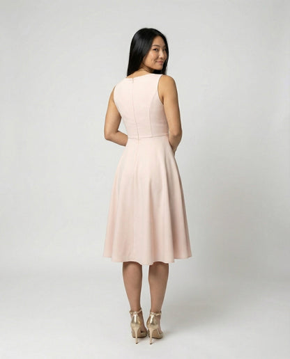 Midi Dress in A-line, Zipper, Straps, V-neck, Sleeveless, Elegant, for Women, Cocktail Party - back view