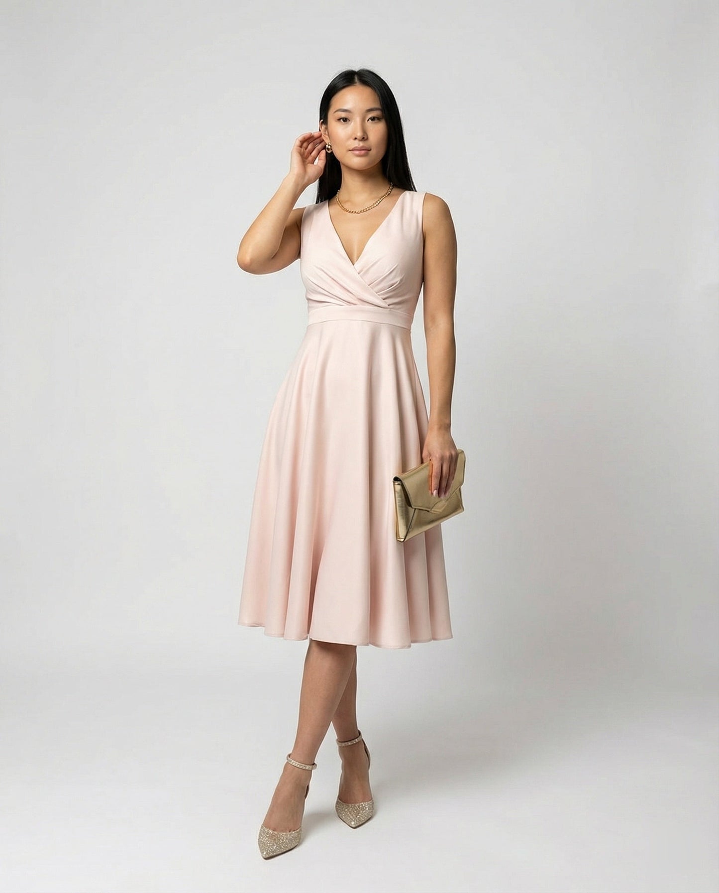 Midi Dress in A-line, Zipper, Straps, V-neck, Sleeveless, Elegant, for Women, Cocktail Party - front view