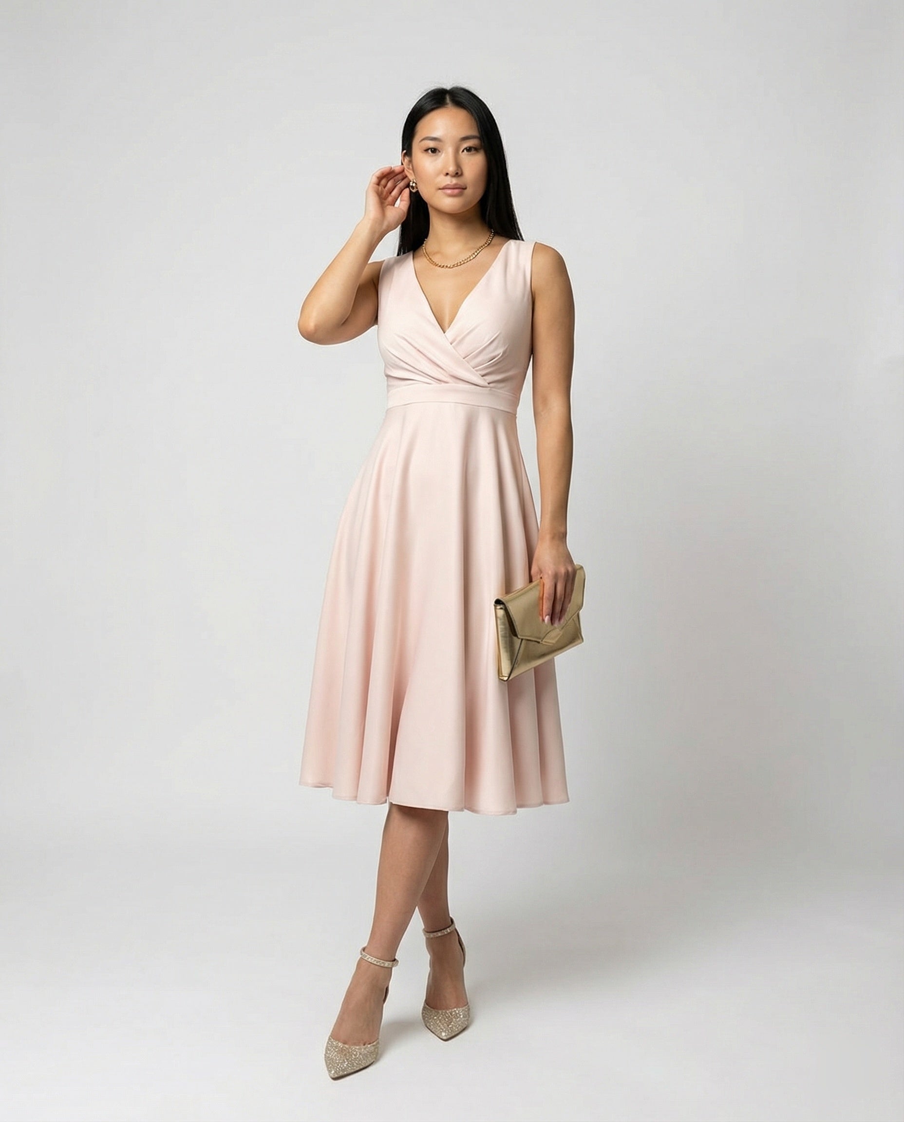 Midi Dress in A-line, Zipper, Straps, V-neck, Sleeveless, Elegant, for Women, Cocktail Party - front view