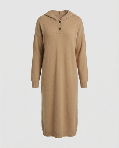 Women's hoodie dress made of soft knit material with button placket and hood