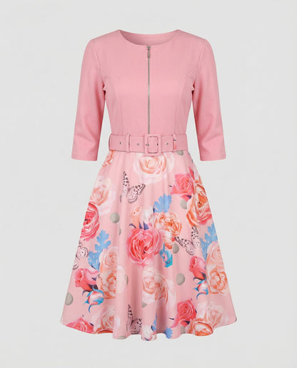 Women's A-line dress with fitted belt and floral pattern
