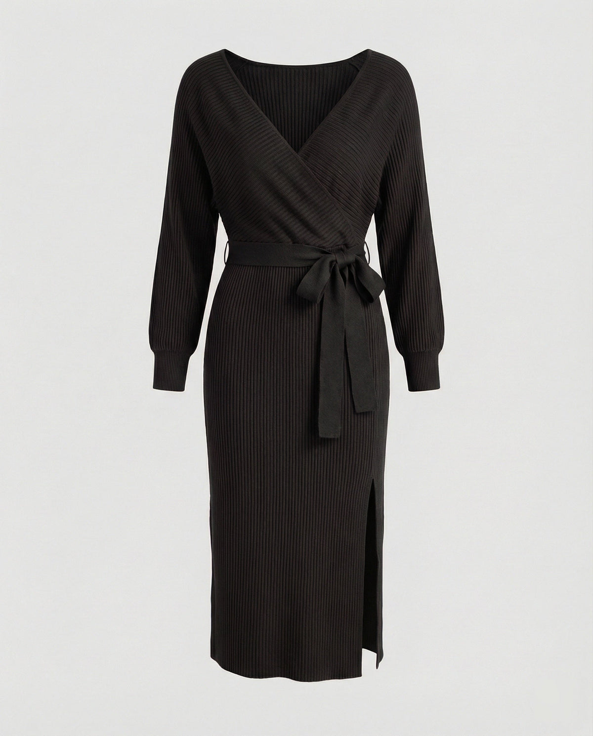 Ladies knit dress with elegant wrap design and decorative belt