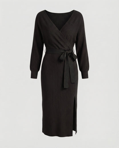 Ladies knit dress with elegant wrap design and decorative belt