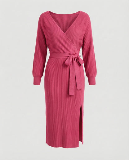 Ladies knit dress with elegant wrap design and decorative belt